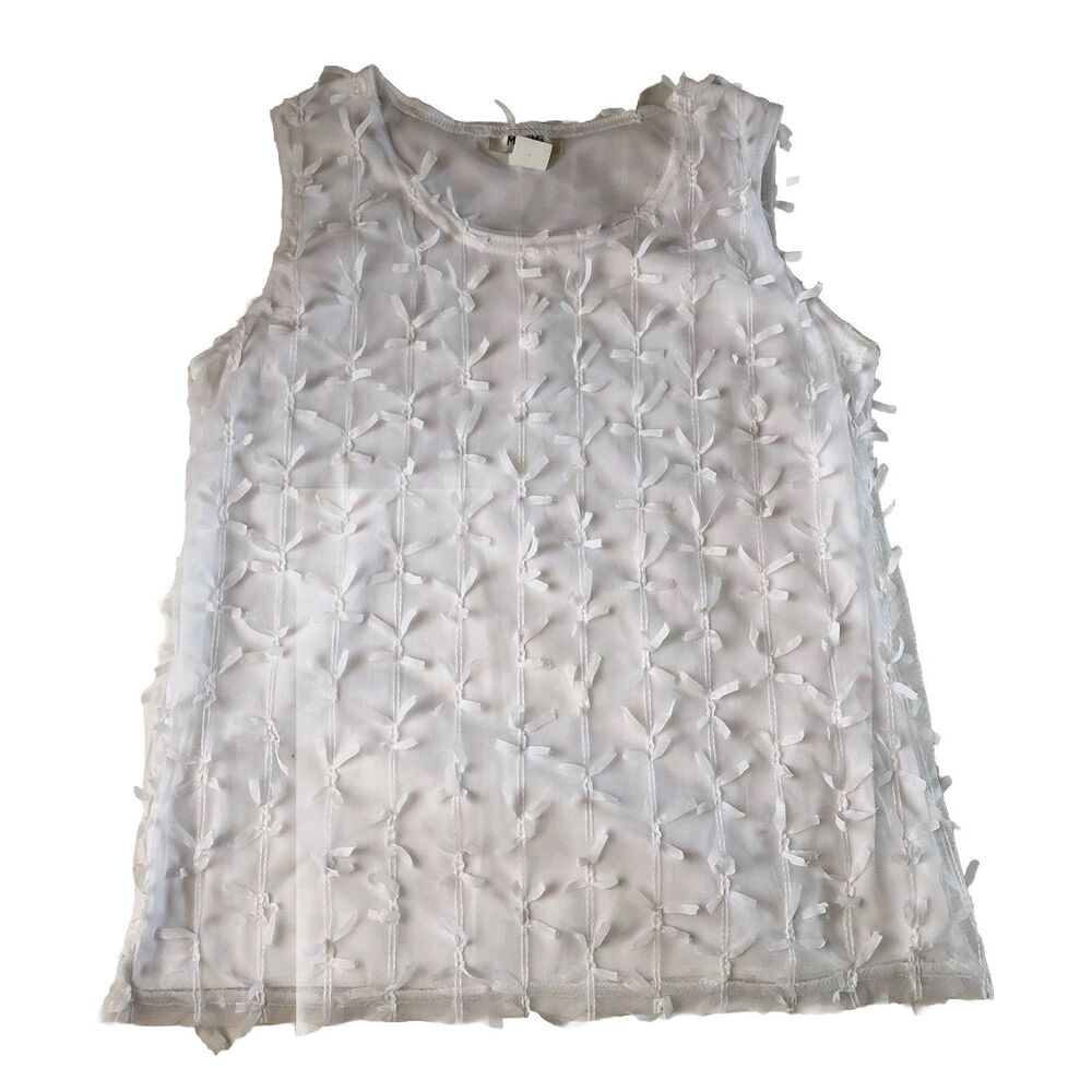 Maxima USA White Ribbon Bow Textured Mesh Tank Top Romantic Coquette Medium